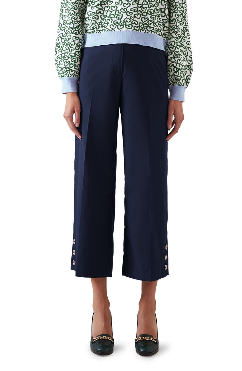 LK Bennett Keaton Button Detail Crop Straight Leg Trousers, Main, color, Midnight