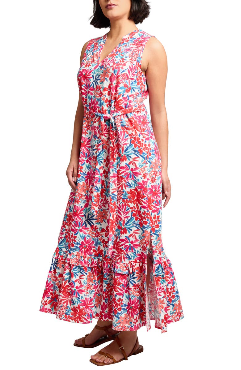 Jones New York Floral Print Ruffle Tie Waist Sleeveless Maxi Dress, Alternate, color, Coral Sun Multi