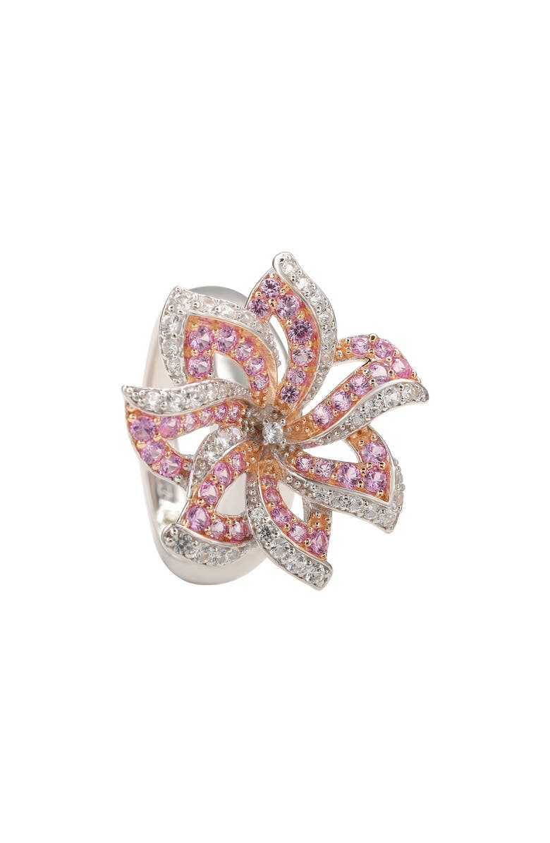 SUZY LEVIAN Sterling Silver Sapphire & Lab Grown White Sapphire & Diamond Accent Flower Ring, Alternate, color, Pink
