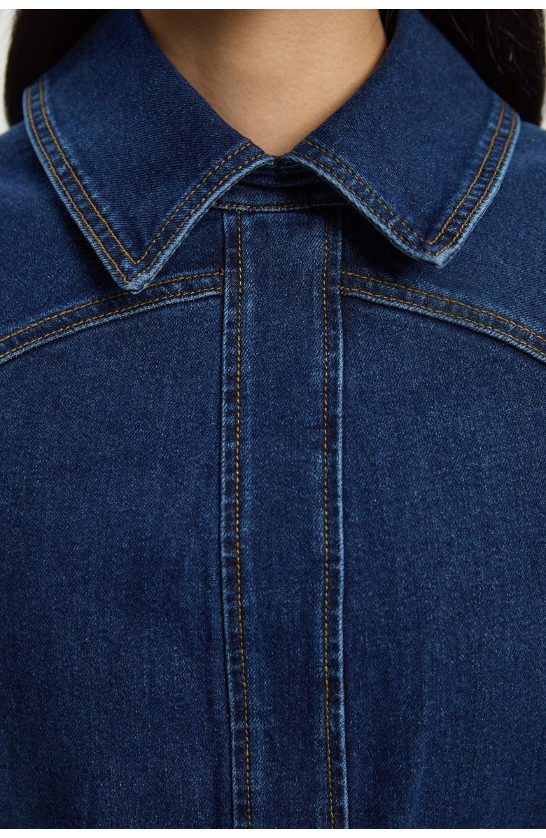 Karen Millen Petite Stretch Denim Tab Belt Midi Dress, Alternate, color, Mid Wash