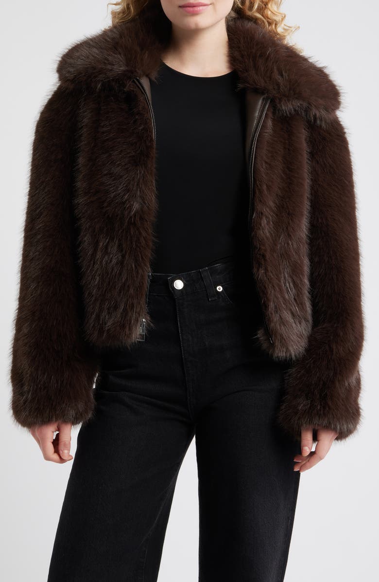 BCBG Cropped Faux Fur Jacket, Main, color, Dark Mocha
