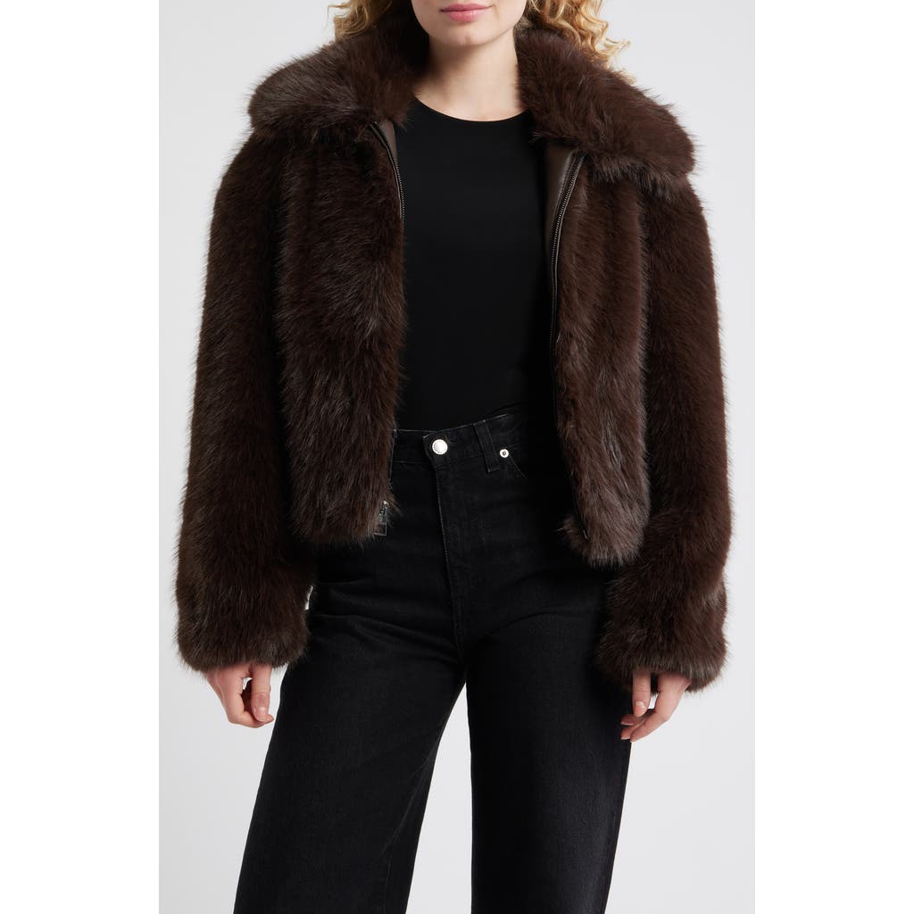 Bcbg Cropped Faux Fur Jacket In Brown