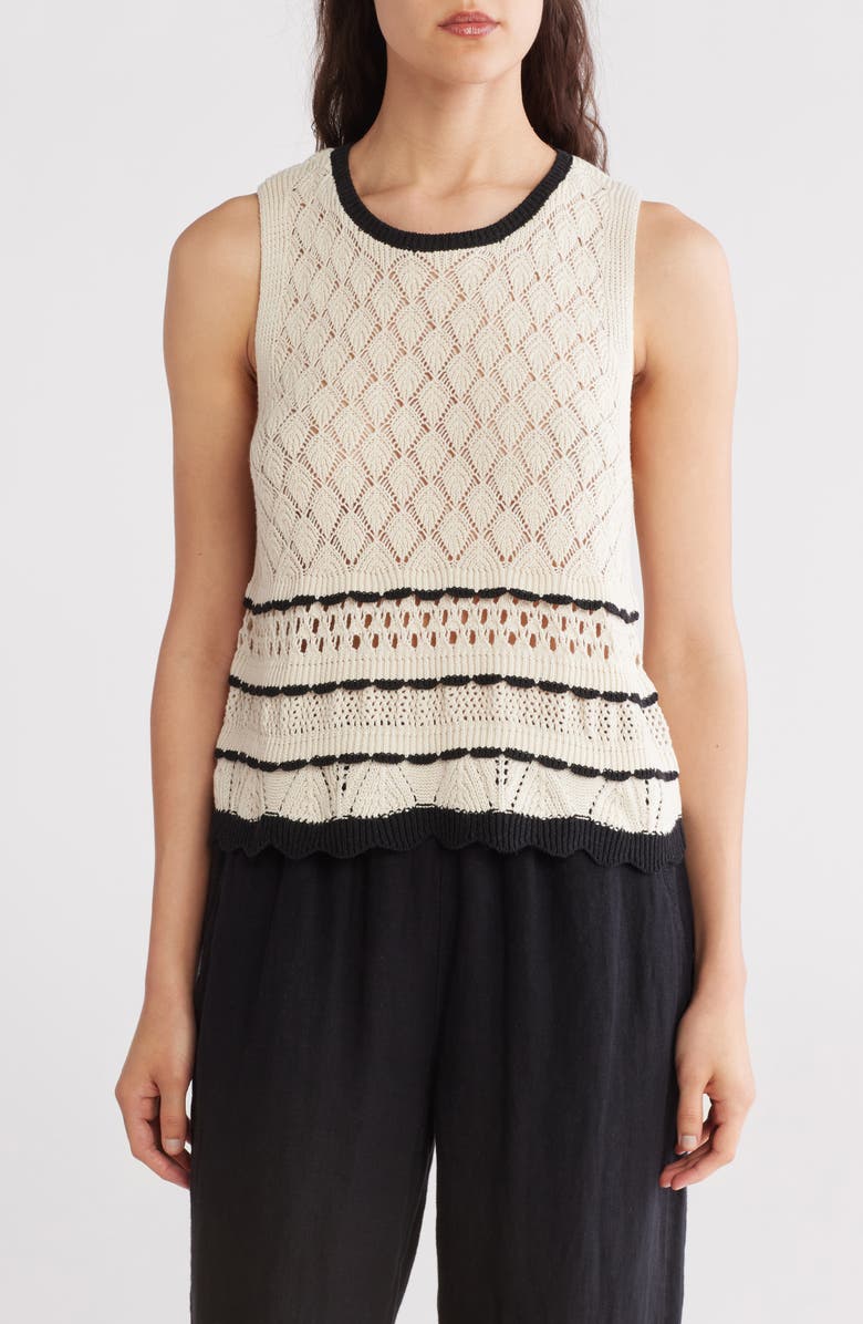 Ellen Tracy Open Stitch Scalloped Sweater Tank, Main, color, Marshmallow/ Black