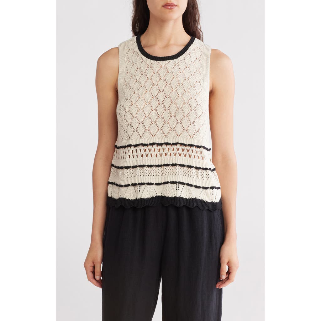 Ellen Tracy Open Stitch Scalloped Sweater Tank In Marshmallow/black