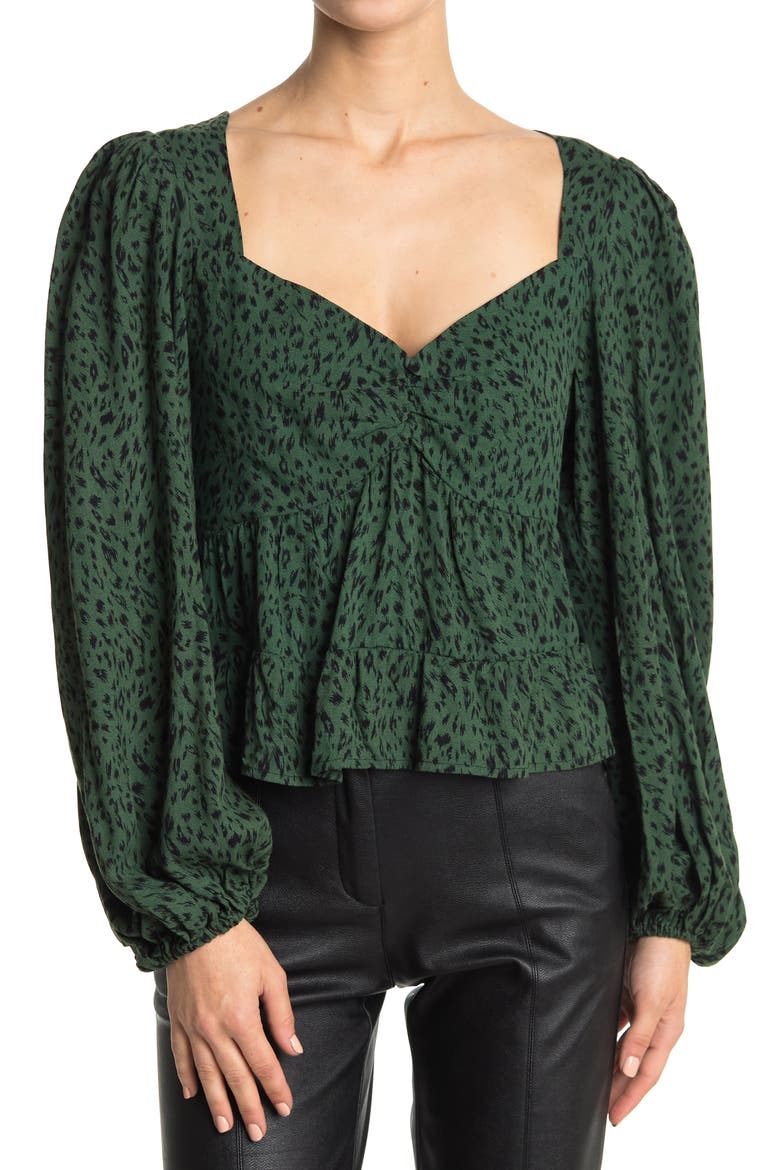 Soni Ruched Balloon Sleeve Crop Top, Main, color, GREEN ANIMAL