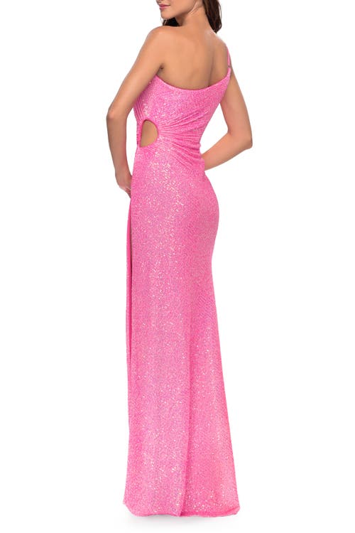 La Femme One Shoulder Sequin Dress With Circle Cut Out In Neon Pink