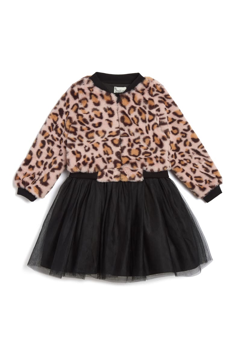 Kids' Maya Party Dress & Leopard Print Bomber Jacket Set, Main, color, PINK/ BLACK