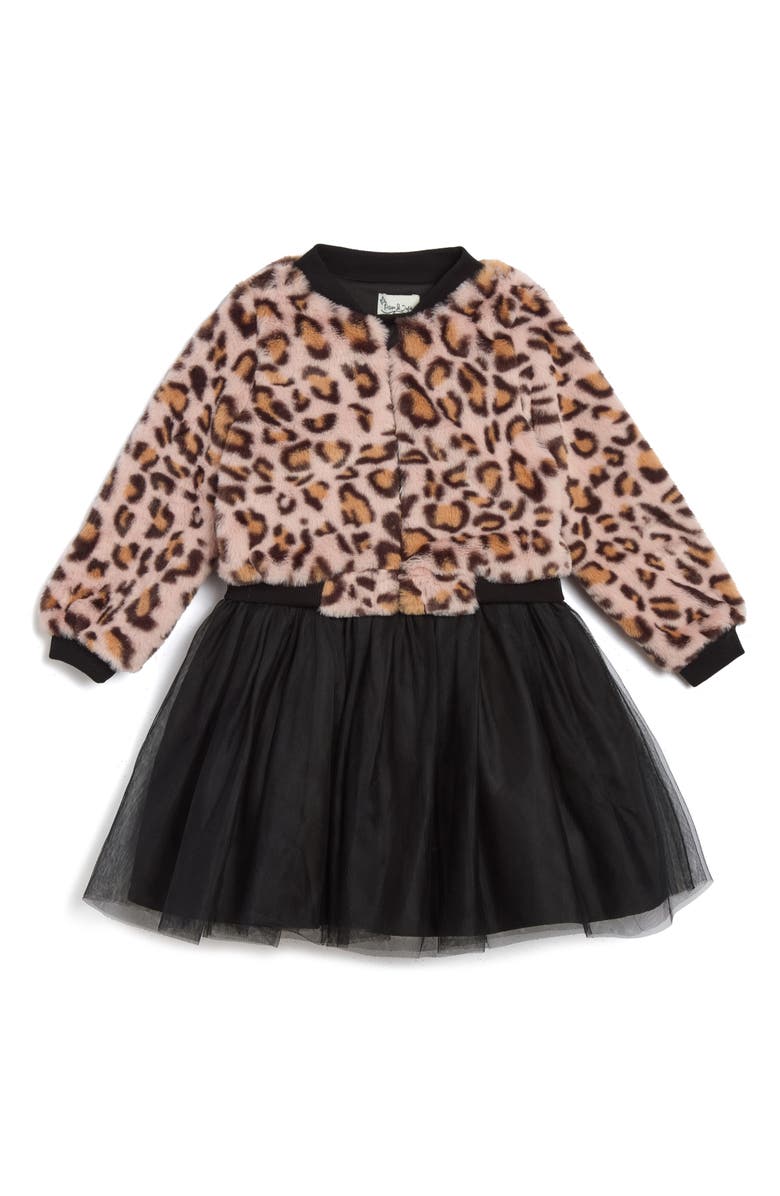Pippa & Julie Kids' Maya Party Dress & Leopard Print Bomber Jacket Set, Main, color, Pink/ Black