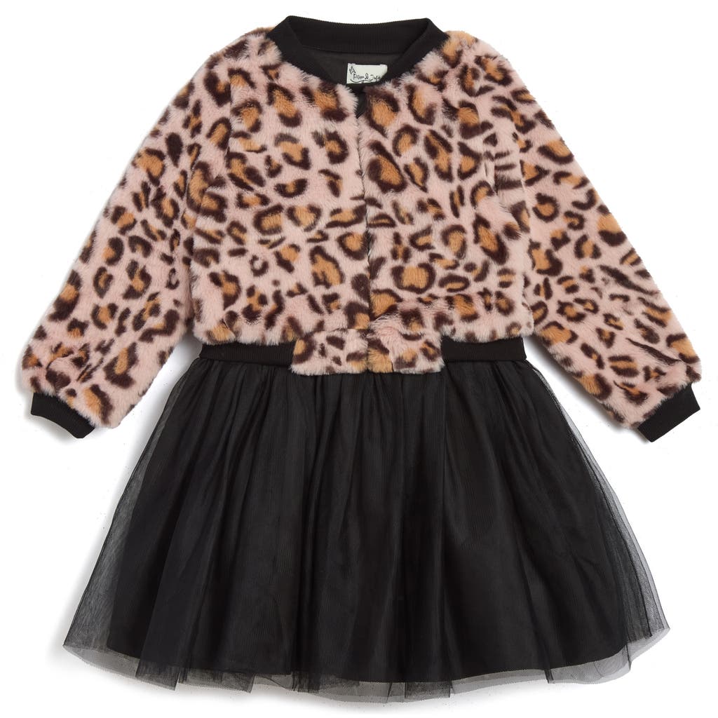 Pippa & Julie Kids' Maya Party Dress & Leopard Print Bomber Jacket Set In Brown