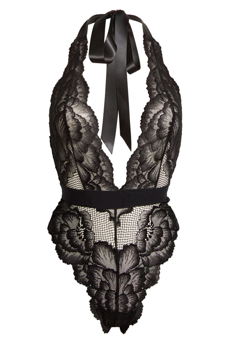 Floral Lace Halter Teddy, Alternate, color, BLACK