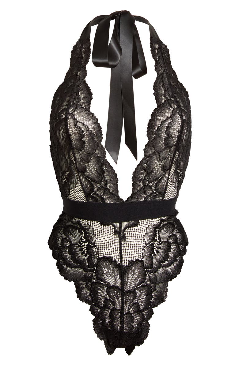 KILO BRAVA Floral Lace Halter Teddy, Alternate, color, Black