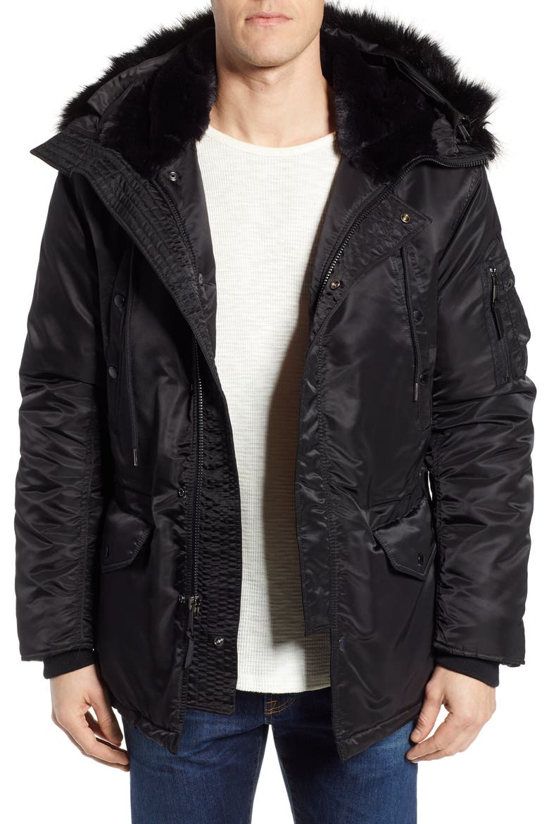Satin Flight Parka with Removable Faux Fur Lining, Main, color, BLACK