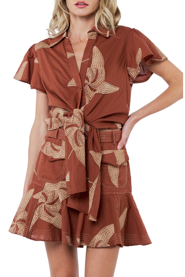 Renna Embroidered Detail Tie Front Button-Up Cotton Shirt, Alternate, color, CARAMEL