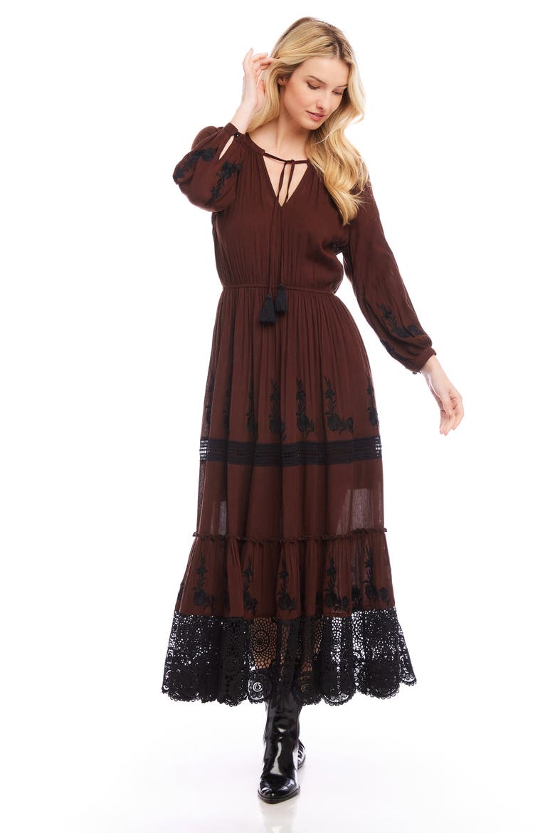 Long Sleeve Embroidered Lace Maxi Dress, Alternate, color, BROWN WITH BLACK