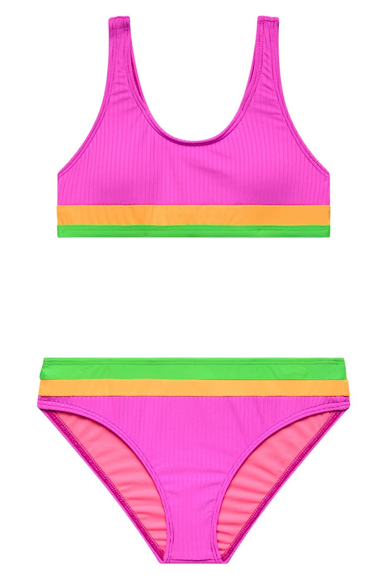 Kids' Rib Colorblock Two-Piece Swimsuit, Main, color, CYBER PINK