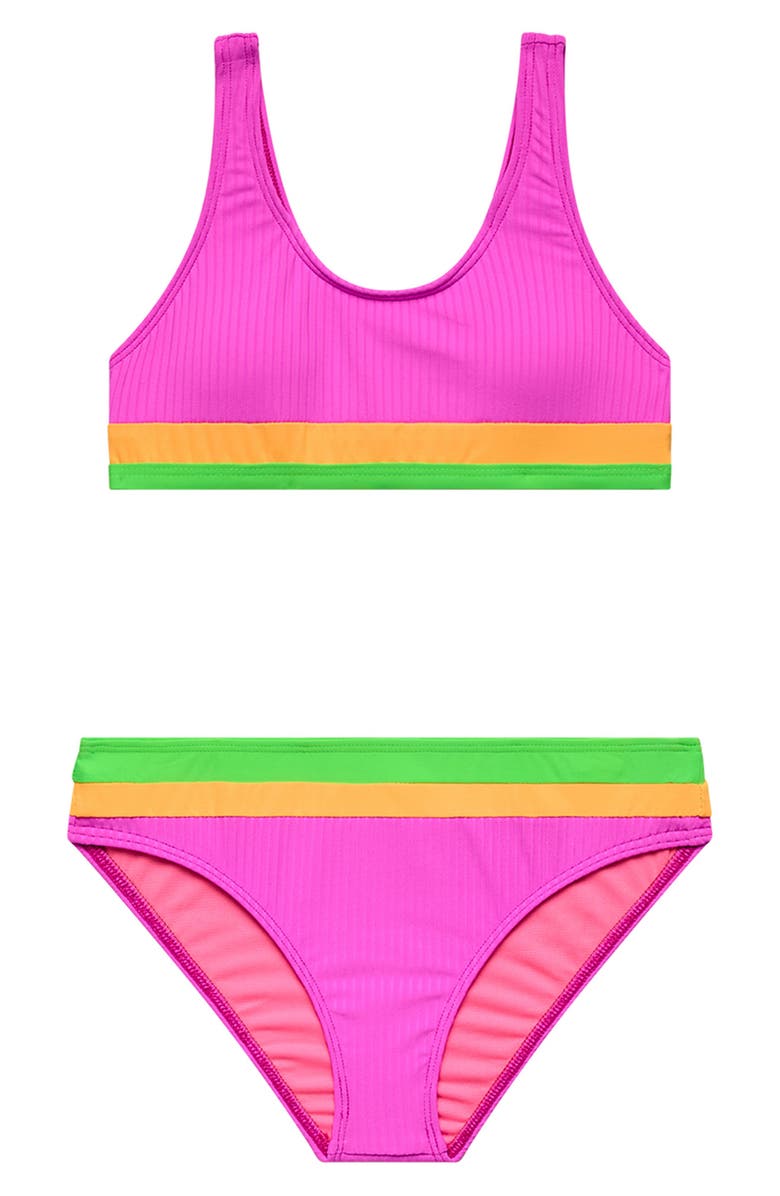 Beach Lingo Kids' Rib Colorblock Two-Piece Swimsuit, Main, color, Cyber Pink