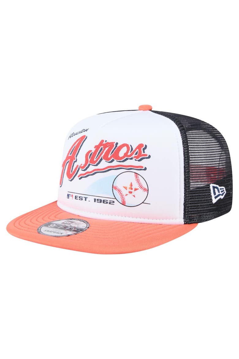 Men's New Era White/Orange Houston Astros Retro Script Trucker 9FIFTY Snapback Hat, Main, color, White