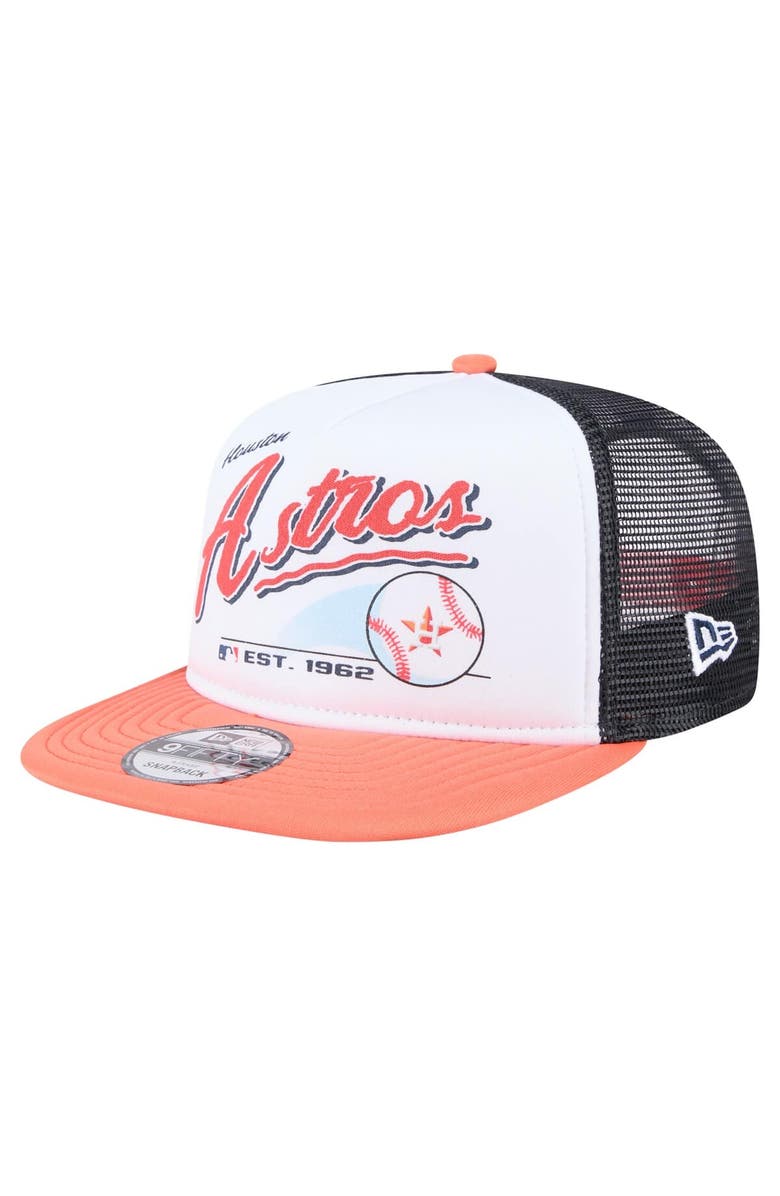New Era Men's New Era White/Orange Houston Astros Retro Script Trucker 9FIFTY Snapback Hat, Main, color, White