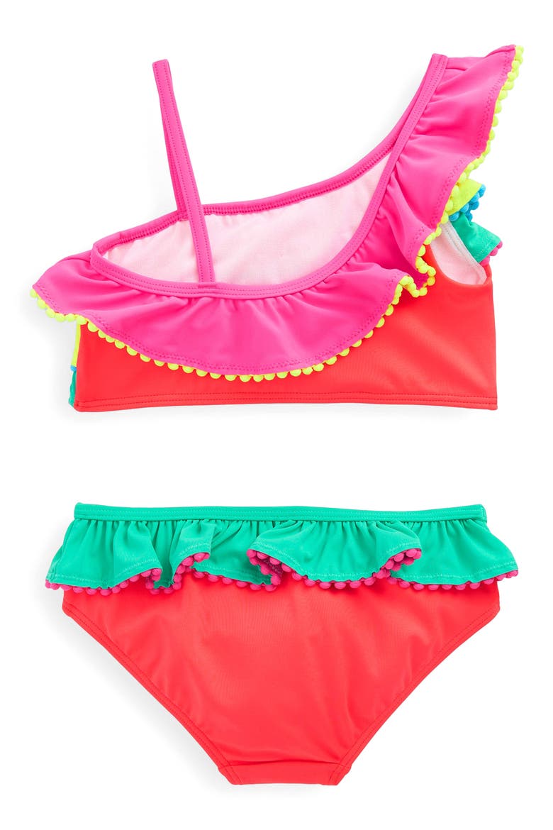 Kids' Ruffle Pom Trim Two-Piece Swimsuit, Alternate, color, MULTI COLOURBLOCK