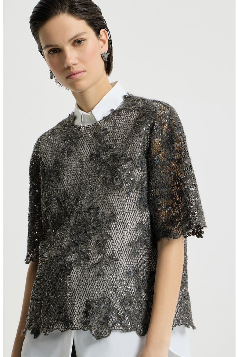 Dazzling lace embroidery t-shirt in sparkling mohair and wool, Alternate, color, Dark Grey