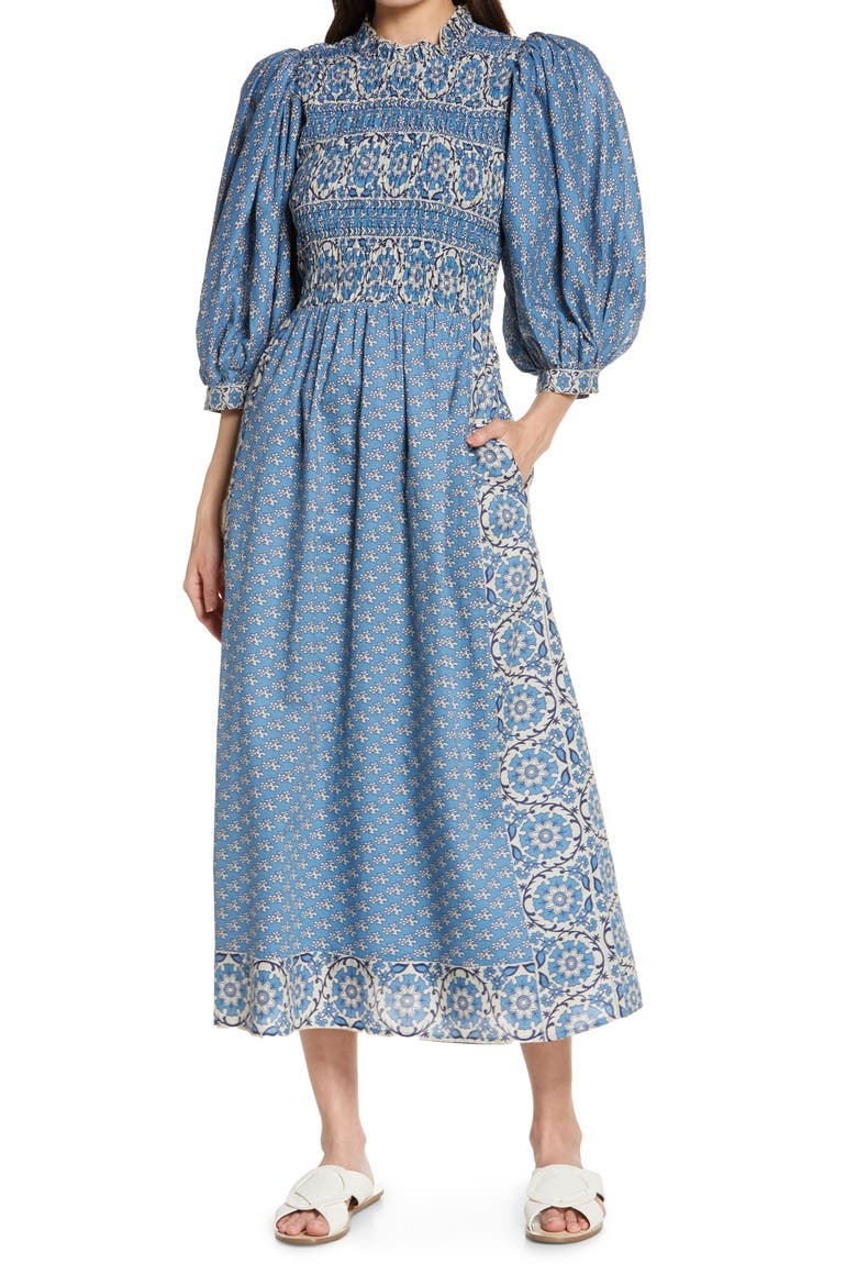 Fernanda Puff Sleeve Smocked Cotton Dress, Main, color, BLUE