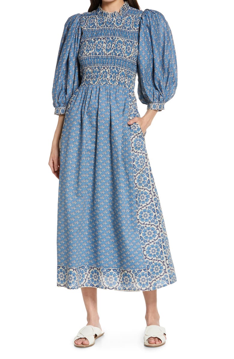 Sea Fernanda Puff Sleeve Smocked Cotton Dress, Main, color,