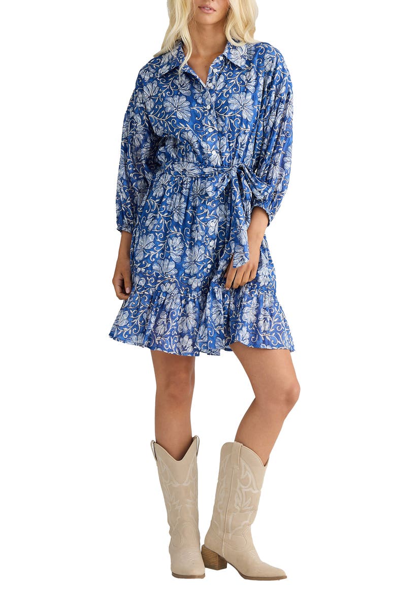 Echo Print Tie Waist Long Sleeve Dress, Main, color, BLUE BLOSSOM
