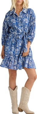 Talisman the Label Echo Print Tie Waist Long Sleeve Dress