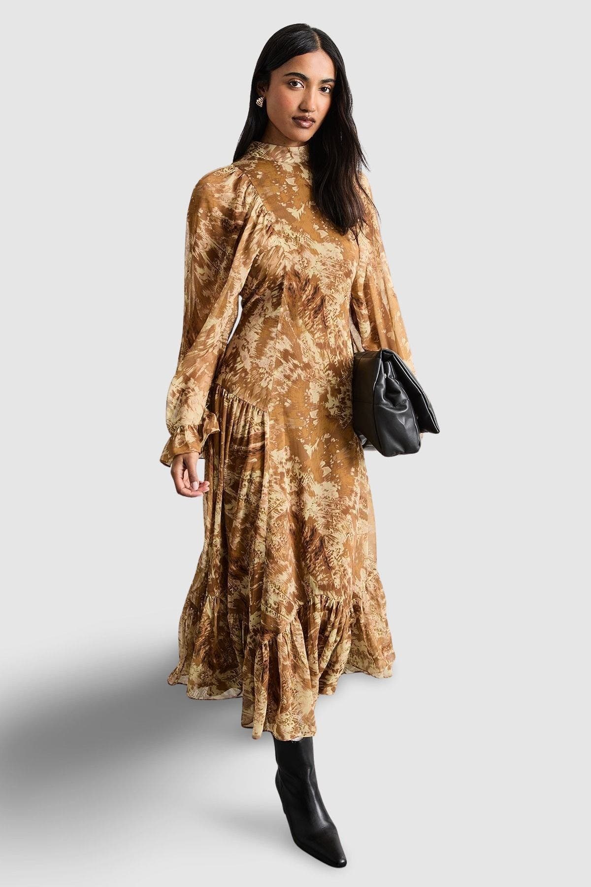 Warehouse Romantic Chiffon Sleeve Midaxi Dress In Neutral