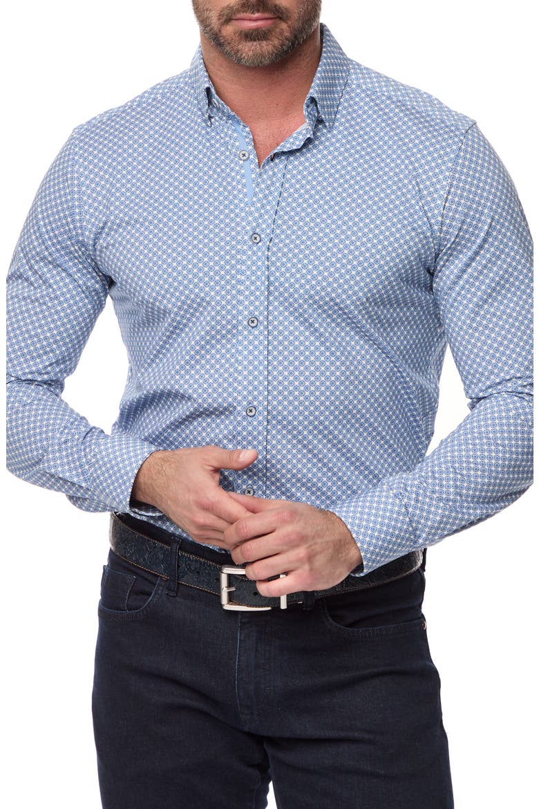 Conall Tailored Fit Foulard Print Cotton Knit Button-Up Shirt, Main, color, BLUE