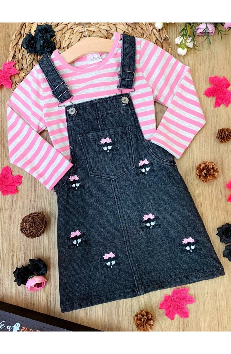 Mia Belle Girls Girls Skull Rock Denim Overall Dress Set, Alternate, color, Grey