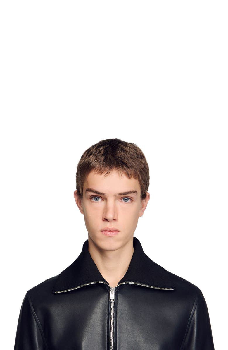SANDRO Zipped leather jacket, Alternate, color, Black