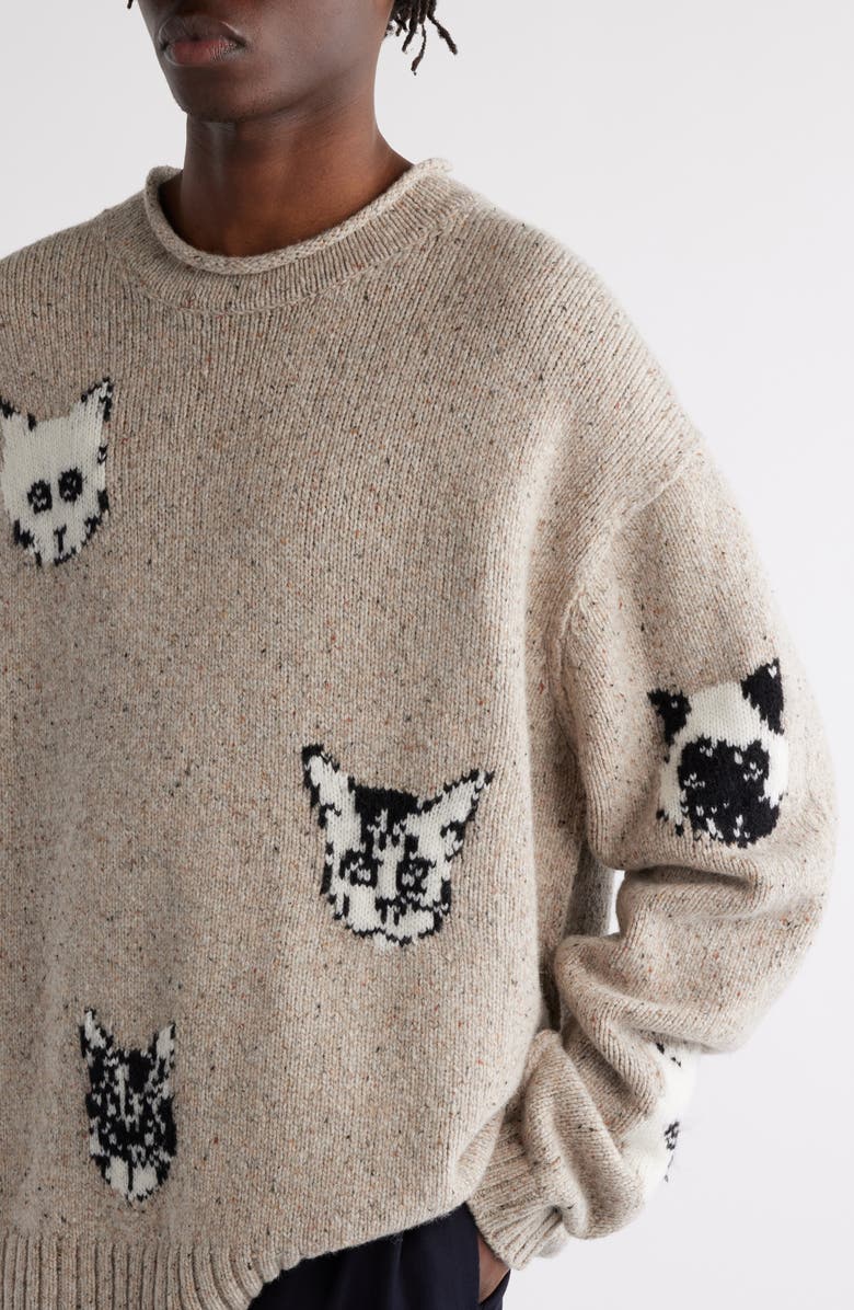 Acne Studios Jacquard Cats Oversize Donegal Sweater, Alternate, color,