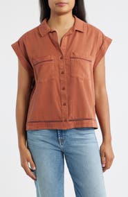 Cloth & Stone Openwork Detail Short Sleeve Button-Up Shirt
