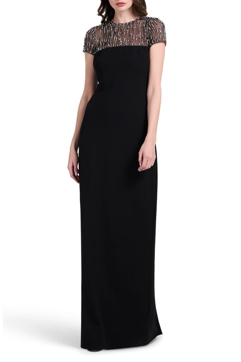 Crystal Embellished Illusion Neck Stretch Crepe Gown, Main, color, BLACK