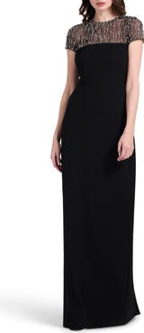 EMILY SHALANT Crystal Embellished Illusion Neck Stretch Crepe Gown
