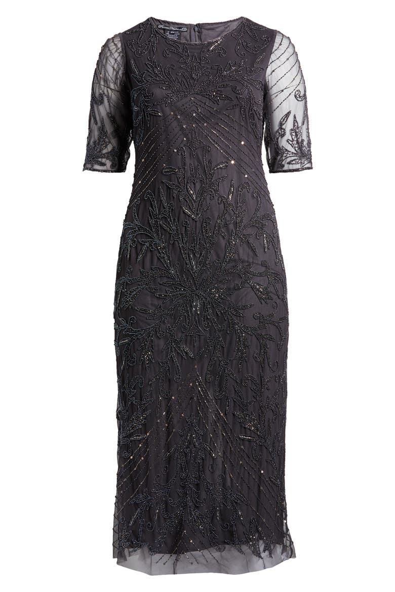 Beaded Elbow Sleeve A-Line Dress, Alternate, color, SLATE