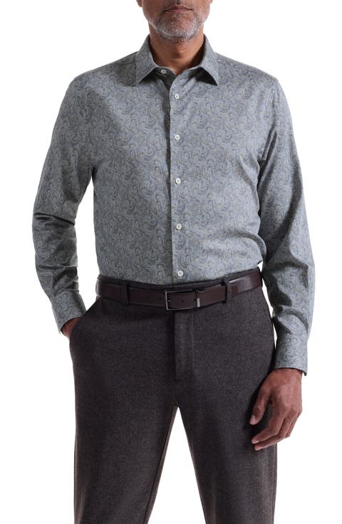 Julian Shaped Fit Paisley Stretch Cotton Button-Up Shirt