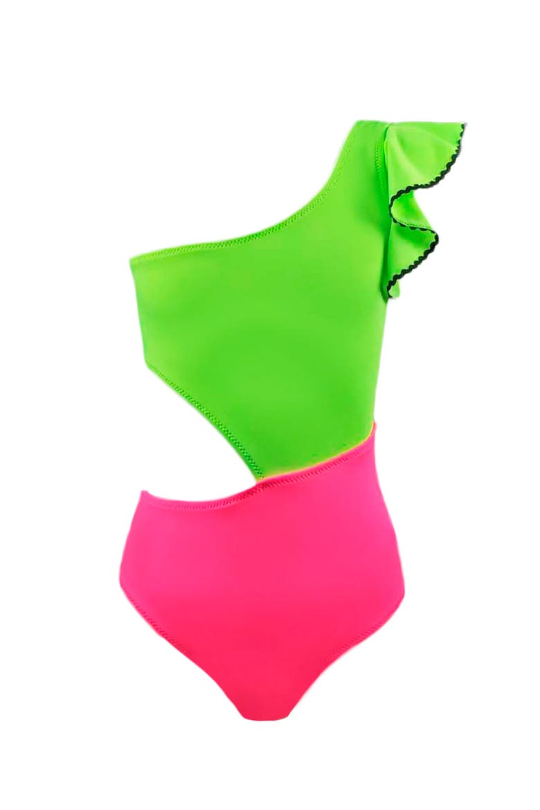 Kids' Cut-Out Ruffle One-Piece Swimsuit, Main, color, Green-Pink