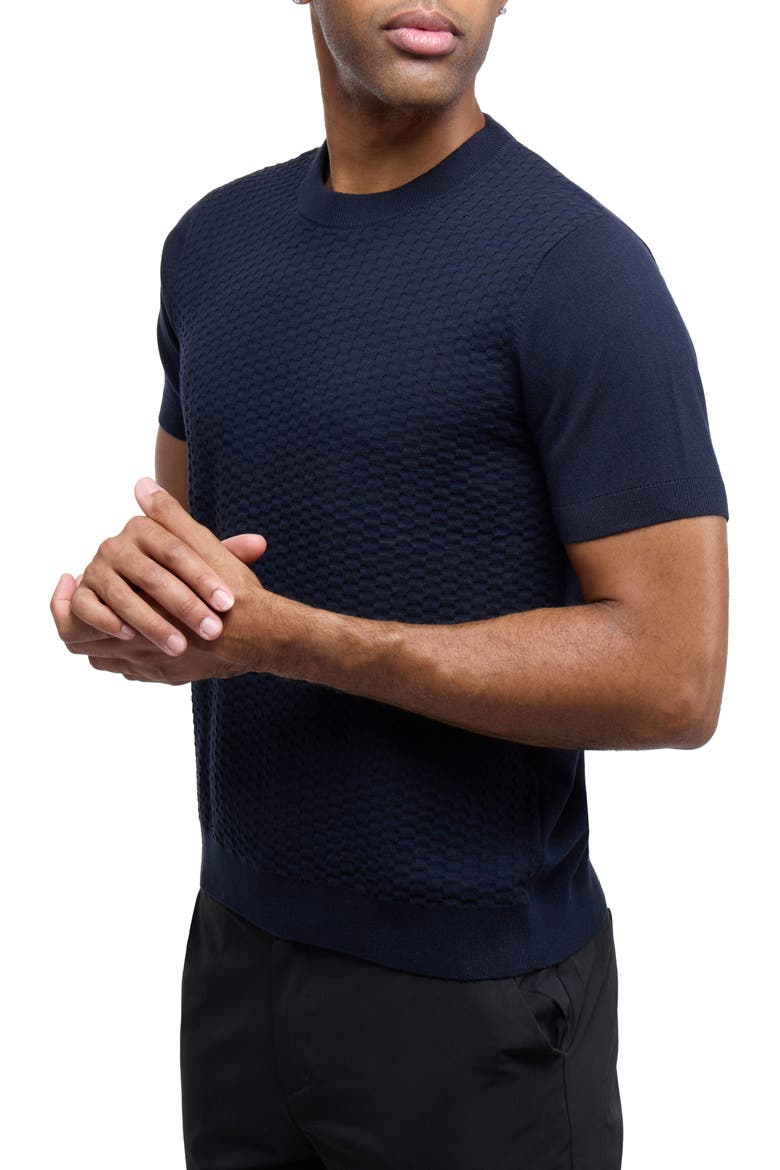 Check Short Sleeve Sweater, Alternate, color, NAVY