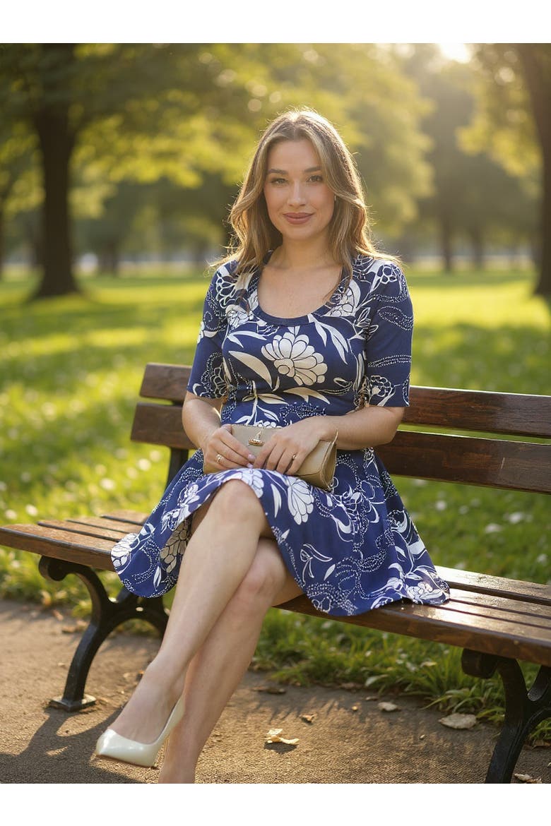 Womens Floral Scoop Neck Elbow Sleeve Knee Length A-Line Flared Dress, Alternate, color, Navy Multi