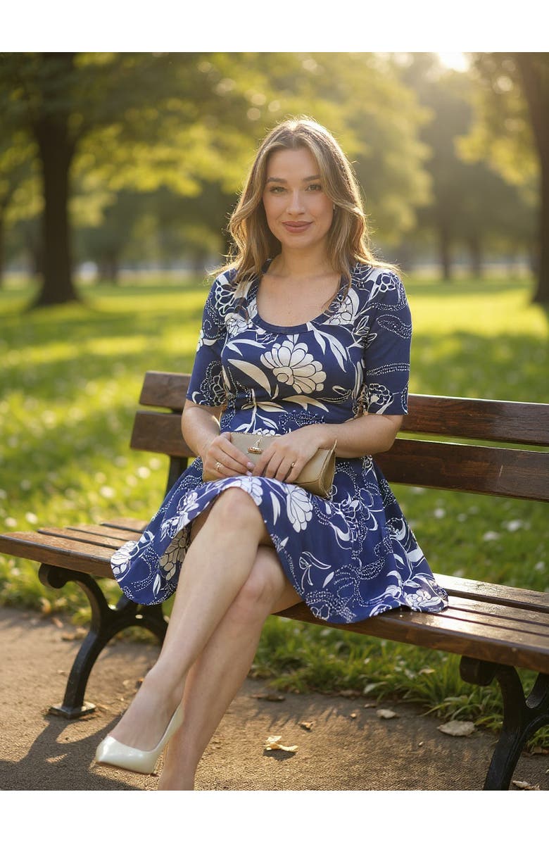 24seven Comfort Apparel Womens Floral Scoop Neck Elbow Sleeve Knee Length A-Line Flared Dress, Alternate, color, Navy Multi