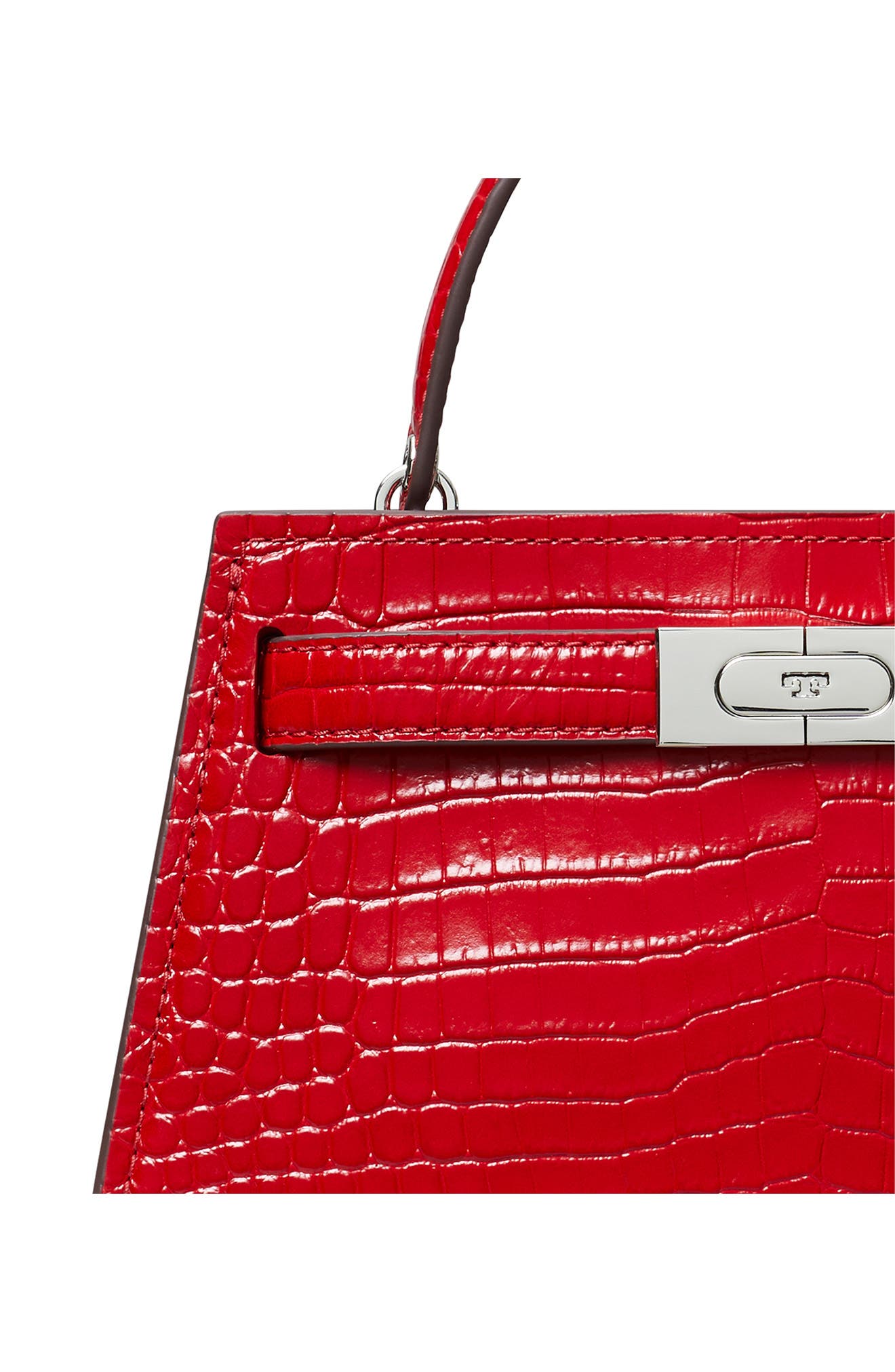 Tory Burch Mini Lee Radziwill Croc Embossed Leather Satchel, Alternate, color, Red Sky