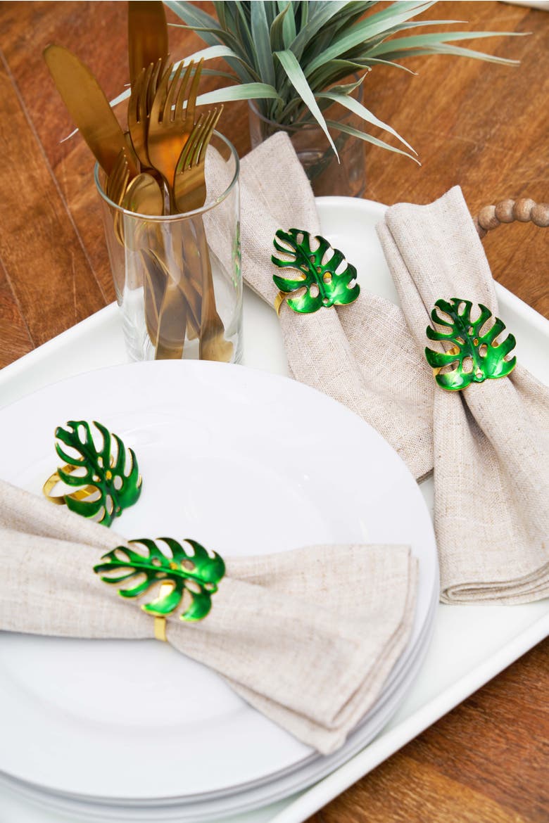 Monstera Leaf Napkin Rings Set of 4, Alternate, color, Blue