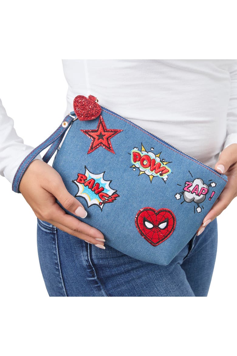 SpiderMan Denim Patch Cosmetic Pouch with Comic Pop Embellishments, Alternate, color, Denim