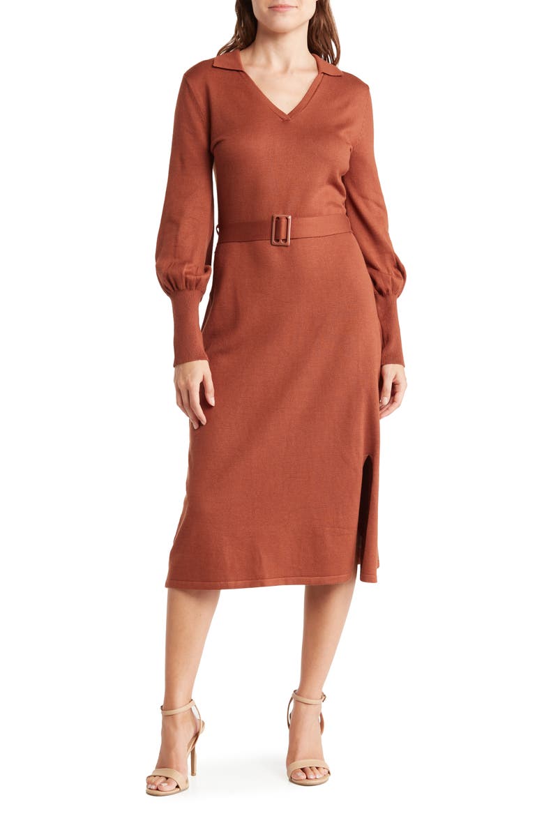 Collared Long Sleeve Sweater Dress, Main, color, SABLE BROWN