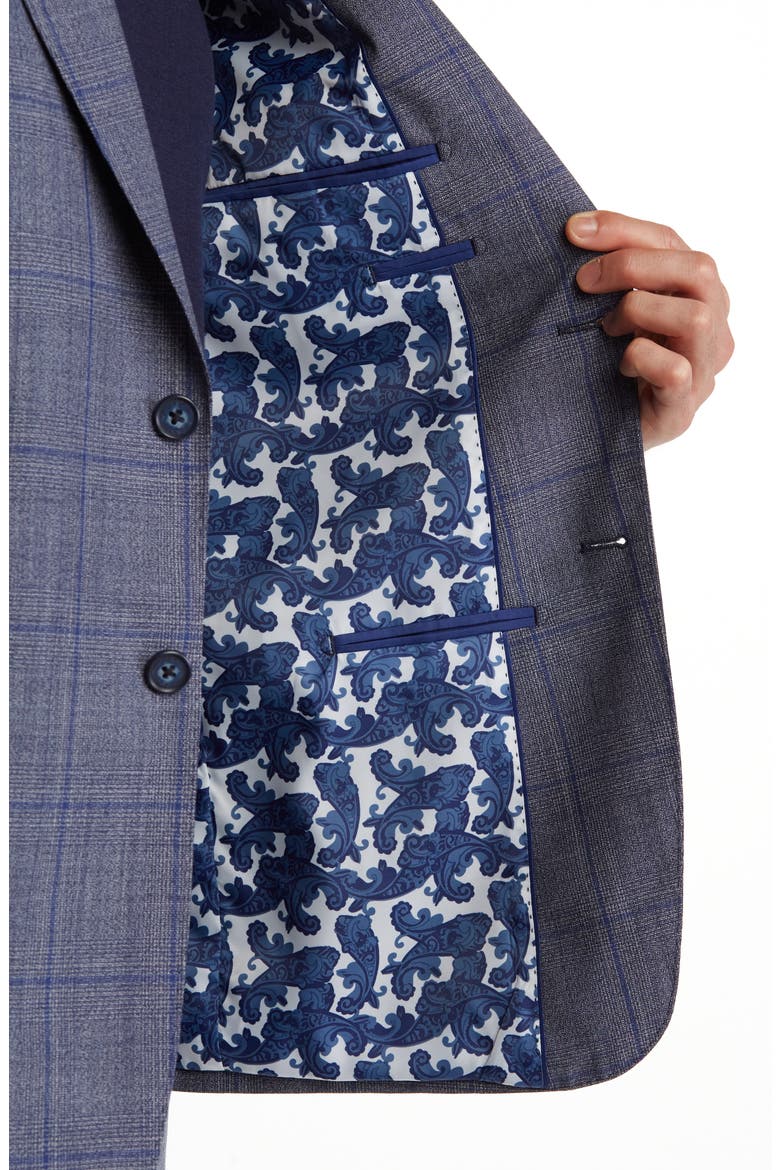 Plaid Two Button Peak Lapel Trim Fit Wool Blend Suit, Alternate, color, BLUE