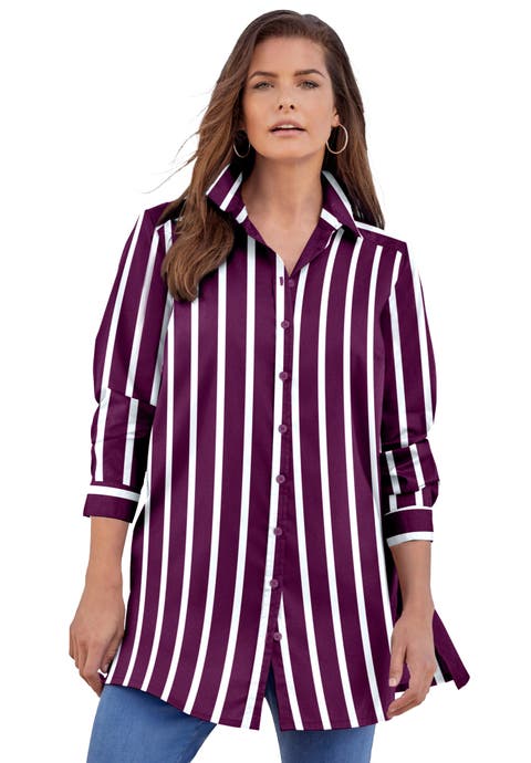 Kate Long-Sleeve Crisp Cotton-Blend Button-Front Tunic (Plus)