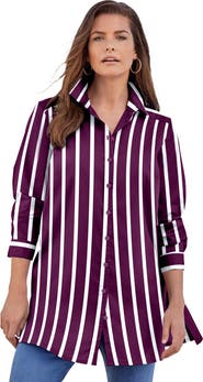 Roaman's Kate Long-Sleeve Crisp Cotton-Blend Button-Front Tunic