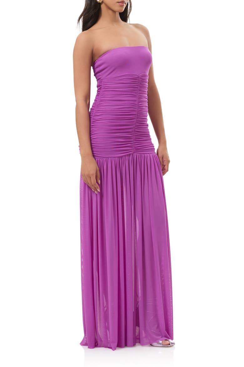 Denise Polka Dot Ruched Strapless Maxi Dress, Alternate, color, CACTUS FLOWER